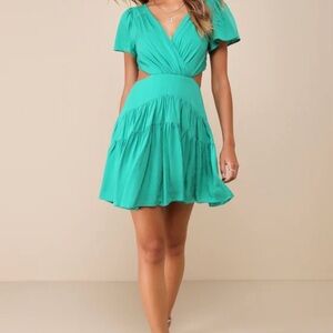 Green Tie-Back Flutter Sleeve Mini Dress